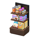 Store shelf|Imported foods Displayed items Dark wood