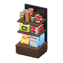Store shelf|Pantry staples Displayed items Dark wood