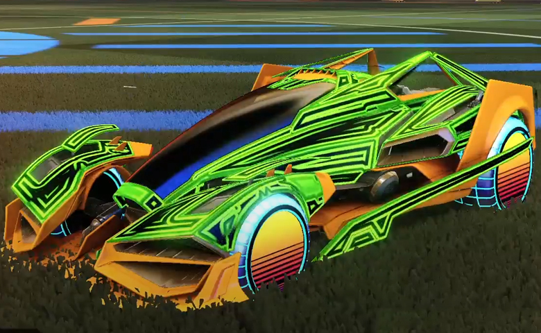 Rocket league Artemis GXT Orange design with Sunset 1986,Labyrinth